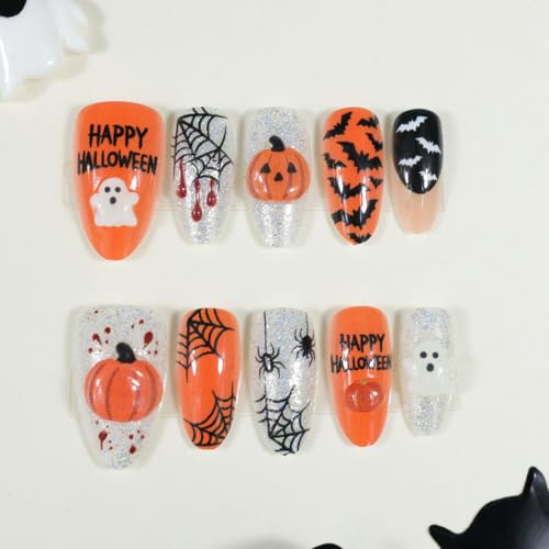 Halloween Press On Nails with 3D Pumpkin Glitter Spider Web Bat Design - Medium Almond Fake Nails, 24 Pieces