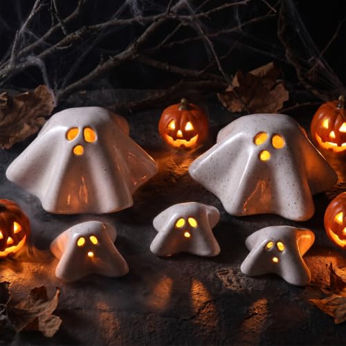 5 Pcs Handmade Ceramic Ghost Tealight Holders Halloween Decor Set