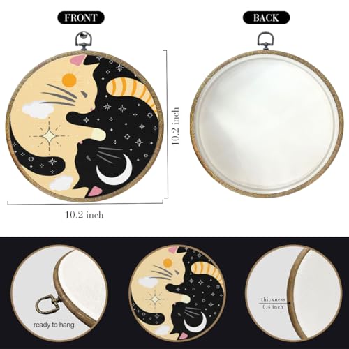 Black Cat Sun and Moon Round Wall Decor - 10.2x10.2 Inch Framed Canvas Art for Home & Office
