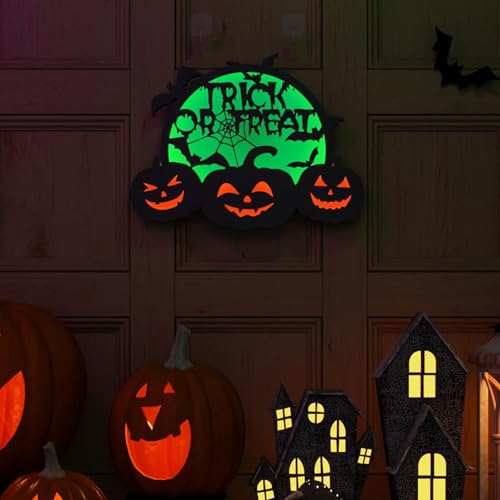 Green Halloween Pumpkin Lights with Moon Bat Web & Trick or Treat Wording - USB & Battery Powered