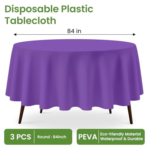 Dark Purple Round Disposable Plastic Tablecloth 84 Inch, 3 Pack for Parties