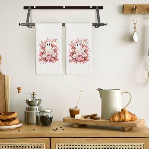 Fall Floral Ghost Halloween Kitchen Towels - Pink Decor, 16x24 Inch, Cute Ghost Design