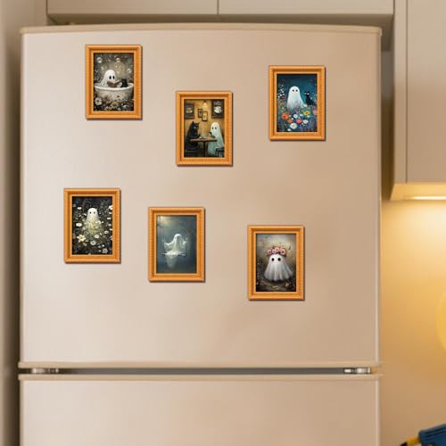 Halloween Refrigerator Magnets - Vintage Wooden Ghost & Cat Design - Style 1 - 6 Pcs