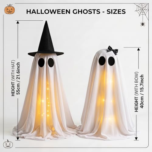 Lighted Ghost Halloween Decorations Set - 2PCS Warm White Spooky Decor for Table Mantel Shelf