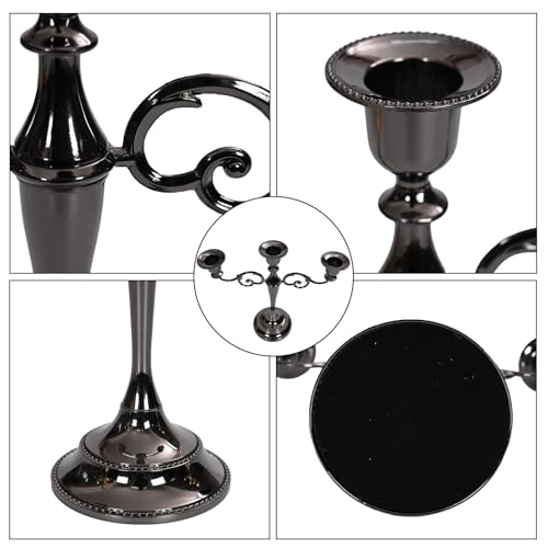 Glossy Black 3-Arm Metal Candelabra - 10.2 Inch Tall Candle Holders
