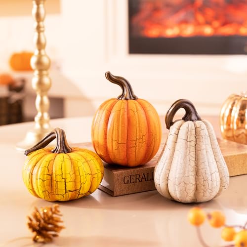 Medium Fall Pumpkin Decorations Set - Cracked Resin Pumpkins for Autumn & Thanksgiving Home Decor