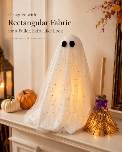 Lighted Ghost and Witch Broom Halloween Decoration Set - Adjustable Display