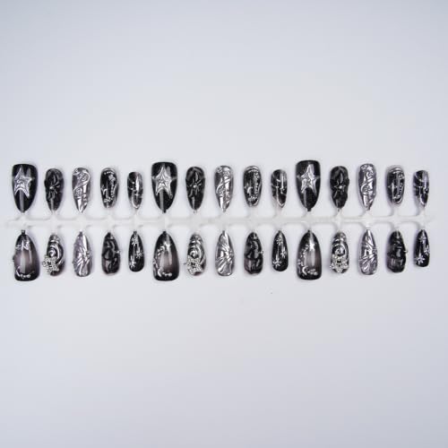 Black Y2K Almond Press On Nails - Style 26, Gothic Medium False Nails 30Pcs