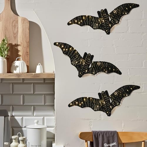 Large 3-Pack Indoor Bat Wall Decor with Lights - Spooky Halloween Decorations