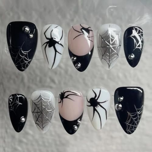 Halloween Press On Nails Short Almond Spider Web Fake Nails Set - Pattern 06