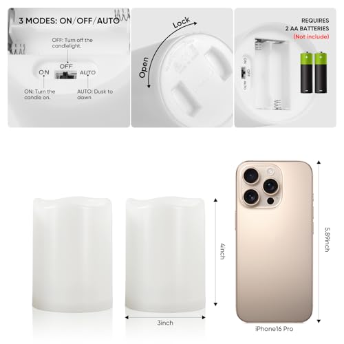 Outdoor Waterproof Flameless LED Candle - Auto Light Sensor, 3x4 Inches - White, D3xH4 Variation