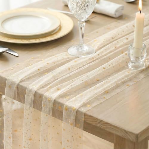 10PC Beigegold Gauze Table Runner 28x120 Inch Reversible Glitter Sheer for Wedding Holiday & Party Decor