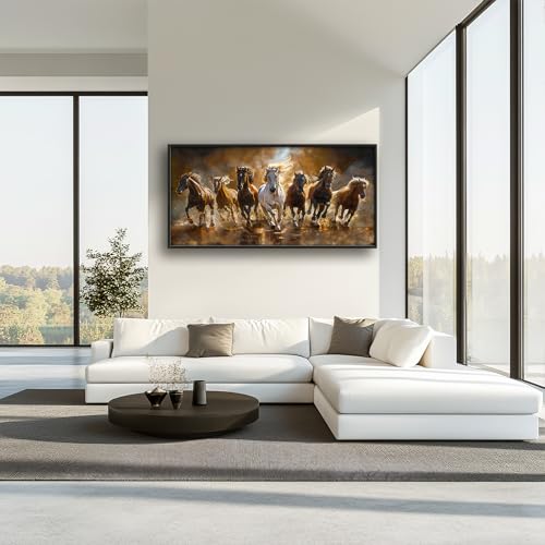 Horse Wall Art Lucky 7 Seven Running Horses Canvas Print Framed Decor - 60x30 Variation of 7 Horses-2