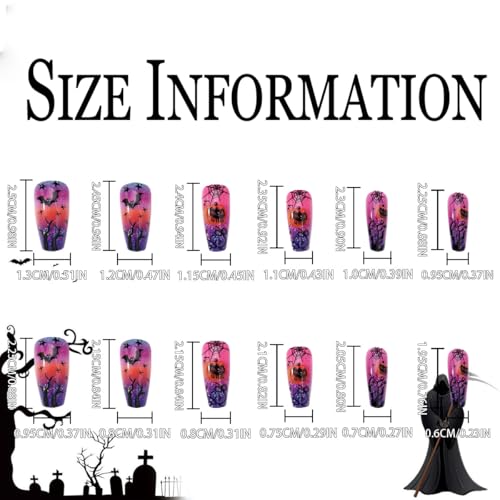 Halloween Press On Nails with Spider Web Pumpkin Bat Pattern - Medium Ballet Shaped 24Pcs