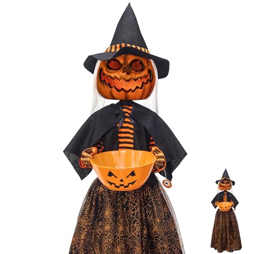 Animated Pumpkin Scarecrow with Candy Bowl Halloween Decoration - Sound Activated, Lights & Singing - 4.5ft - Pumpkin Scarecrow Variation