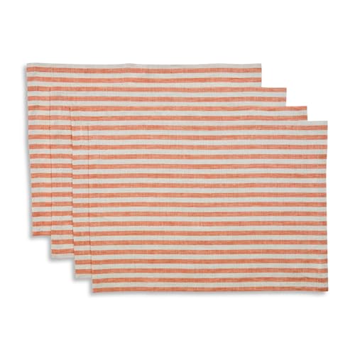 Pure Linen Placemats Set of 4 - Pumpkin & Natural, 14 x 19 Inches, Handcrafted