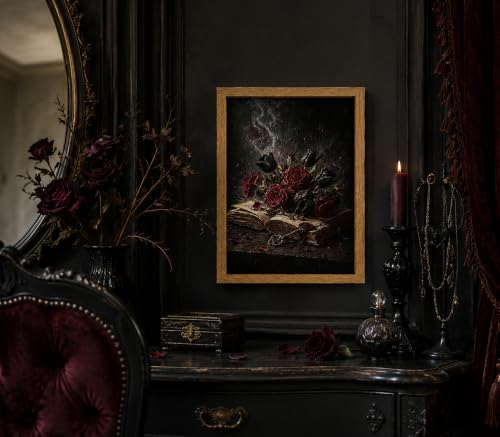 Moody Floral Wall Art - Dark Gothic Book & Roses Frame, 10x8 Inches