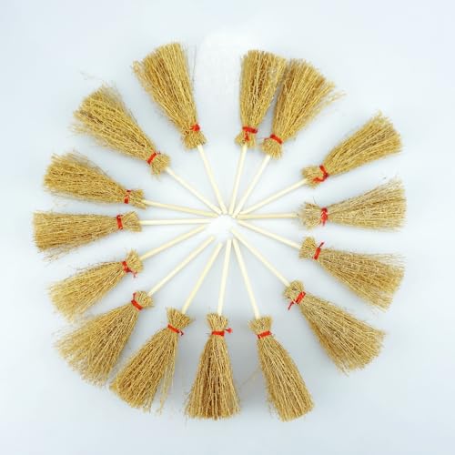 Mini Witch Brooms Set - 15 Small Straw Brooms for Halloween Decor