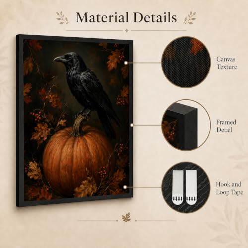Framed Gothic Raven on Pumpkin Wall Art - Halloween Autumn Decor, 16x12 Inches