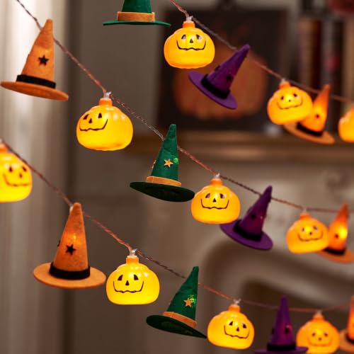 Halloween String Lights with Pumpkin & Witch Hat Decor - 9.8FT, 20 LEDs, Battery Operated, Two Modes - Pumpkin Witch Hat Lights