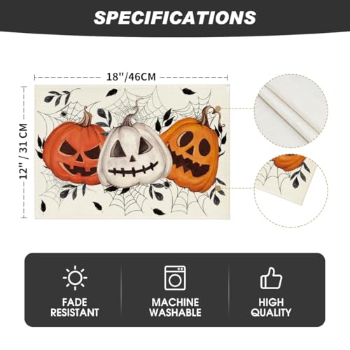 Halloween Pumpkin & Spider Web Placemats Set of 4 - 12x18 Inch Fall Table Decor - Beige