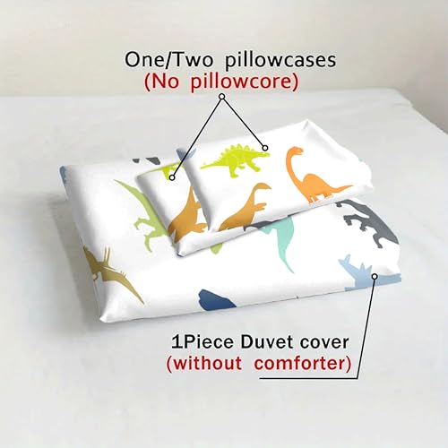 Twin Size Colorful Dinosaur Duvet Cover Set for Kids Bedroom - White 68x86