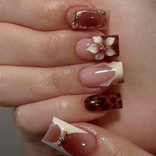 Fall Press on Nails Medium Square Fake Nails Brown Nails - Nails7-14