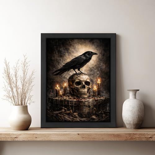 Gothic Crow Wall Art Canvas Print - Raven Skull Dark Academia Decor 8x10 with Variation - Crow
