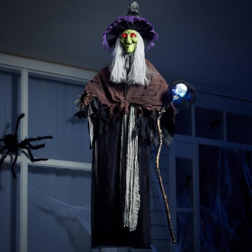 Halloween Hanging Witch Decor with Light-Up Skull Wand Outdoor Spooky Decoration