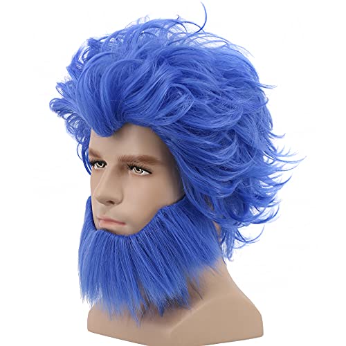 Men's Short Curly Blue Anime Cosplay Wig with Big Beard - Adjustable Fit