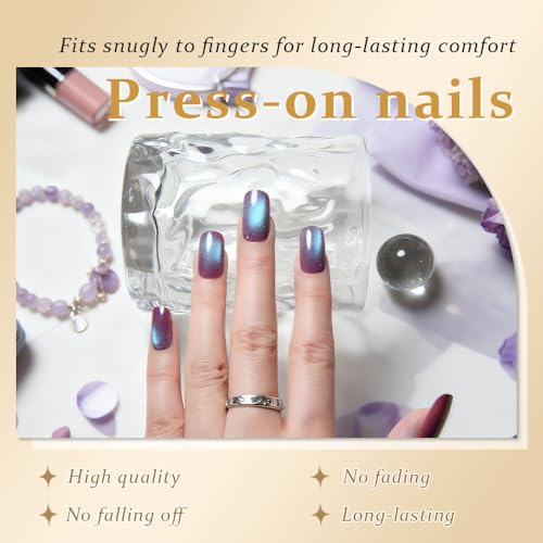 evpct Mauve Blue Reflective Cat Eye Press-On Nails Medium Square - Pack of 1