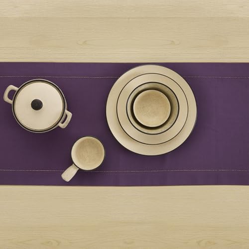 Cotton Linen Table Runner Purple Hemstitch 14x90 Inches - Handcrafted