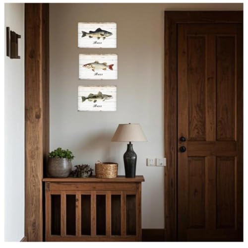 Fish Wall Art Canvas Prints 12x16 Inches - Rustic Bass Fish Decor 3-Piece