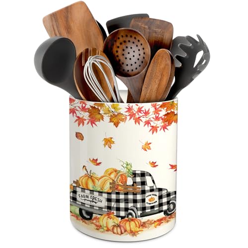 Fall Kitchen Decor Ceramic Truck Pumpkin Utensil Holder - Fall Truck Variation