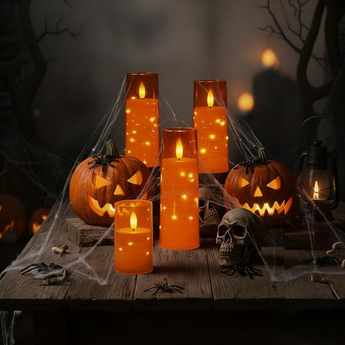 Raycare 9 Pcs Orange Flameless Candles with Remote Timer & Fairy Lights