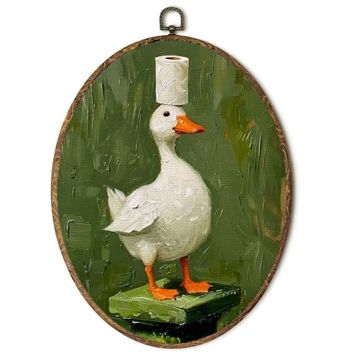 Oval Wall Art Canvas Decor - Green Duck Silly Goose Nursery Bathroom 8.5x11.5in