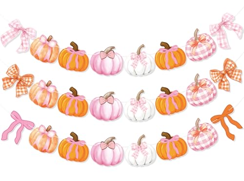 Fall Pumpkin Garland Banner with Bows – Autumn Halloween Thanksgiving Decor