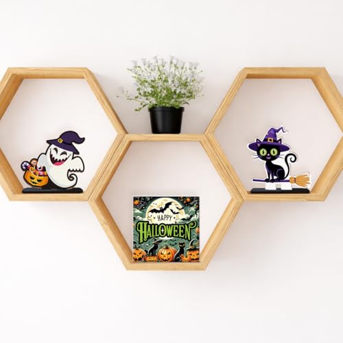 Halloween Ghost Wooden Decoration Sign - Cute Magic Cat Style - Variation Cat1