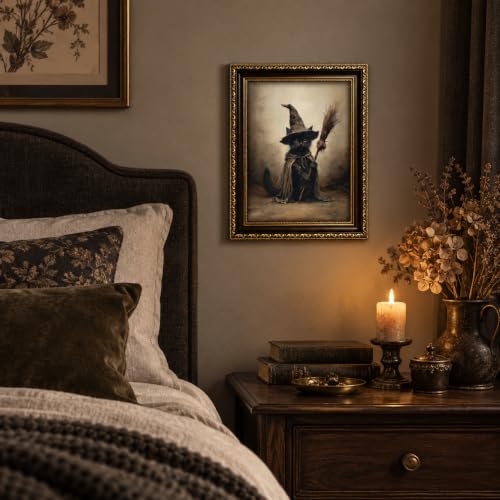 Witch Cat Framed Canvas Wall Art - Halloween Gothic Black Cat Decor 16x12in