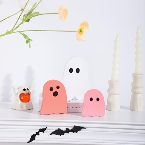 Pink and White Wooden Ghost Decorations - Halloween Table Centerpieces Set of 3