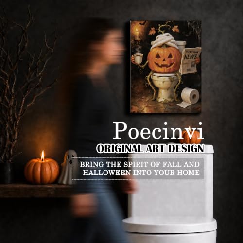 Halloween Pumpkin Bathroom Canvas Wall Art Framed 15x12 Inch - Poecinvi