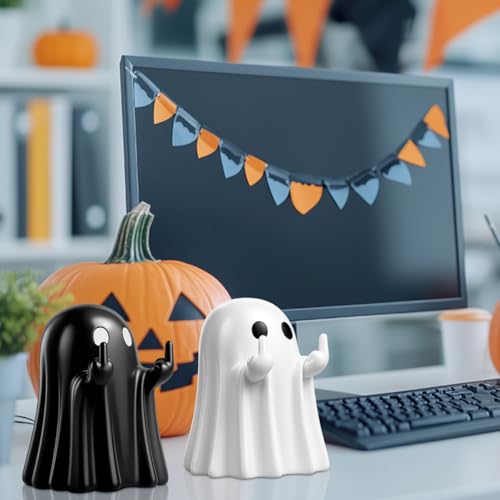 Halloween Ghost Figurine Decor Set - Black and White Resin Mini Statues for Indoor Display