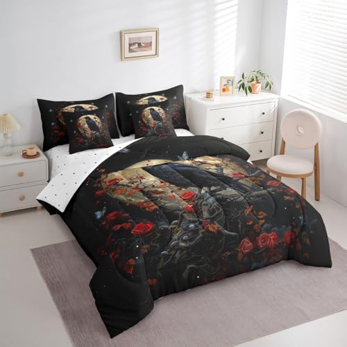 Black Red Gothic Rose Comforter Set with Sheets 7 Piece Full Bedding