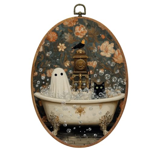 Halloween Ghost Black Cat Wall Art Decor Framed - 8.6x11.4 Inches - Variation 32