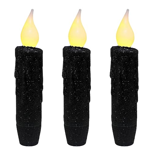 Black Glitter Flameless Taper Candles Set of 3 with Timer - 4-3/4 Inch