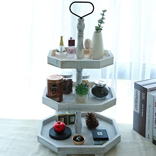 Distressed White 3-Tier Farmhouse Wooden Serving Tray Stand - Cupcake & Home Display