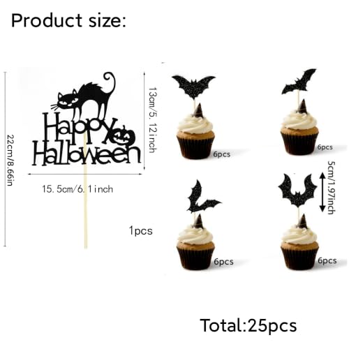 Halloween Cupcake Toppers Black Bat & Cat Style Set - 25 Pieces, Style-2