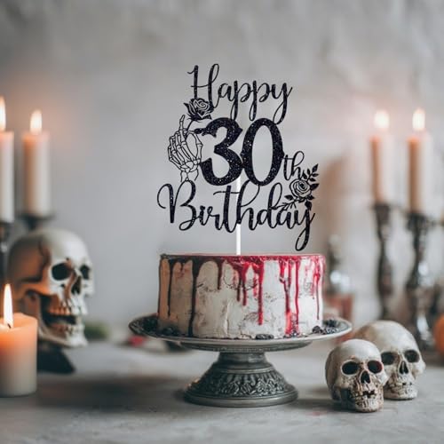 Gothic 30th Birthday Cake Topper Skeleton Hand Rose Glitter Decor