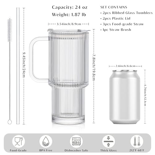 24 oz Ribbed Glass Tumbler with Handle - 2 Pack, Spill-Resistant Lid & Reusable Straw