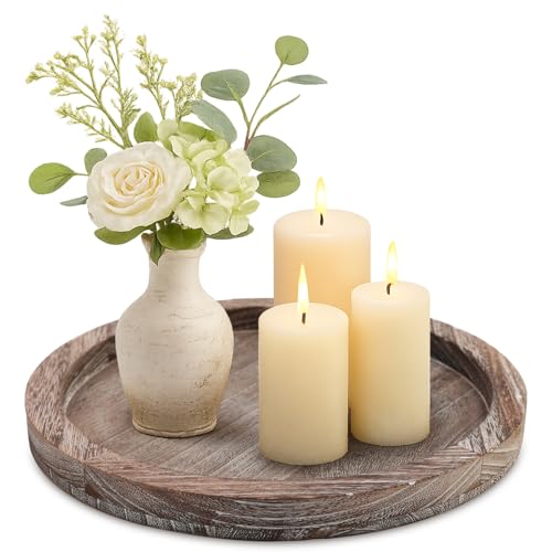 Washed White 11-Inch Round Wooden Decorative Tray for Coffee Table Centerpiece